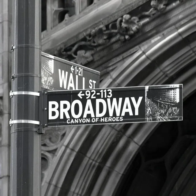 Street sign depicting Wall Street and Broadway